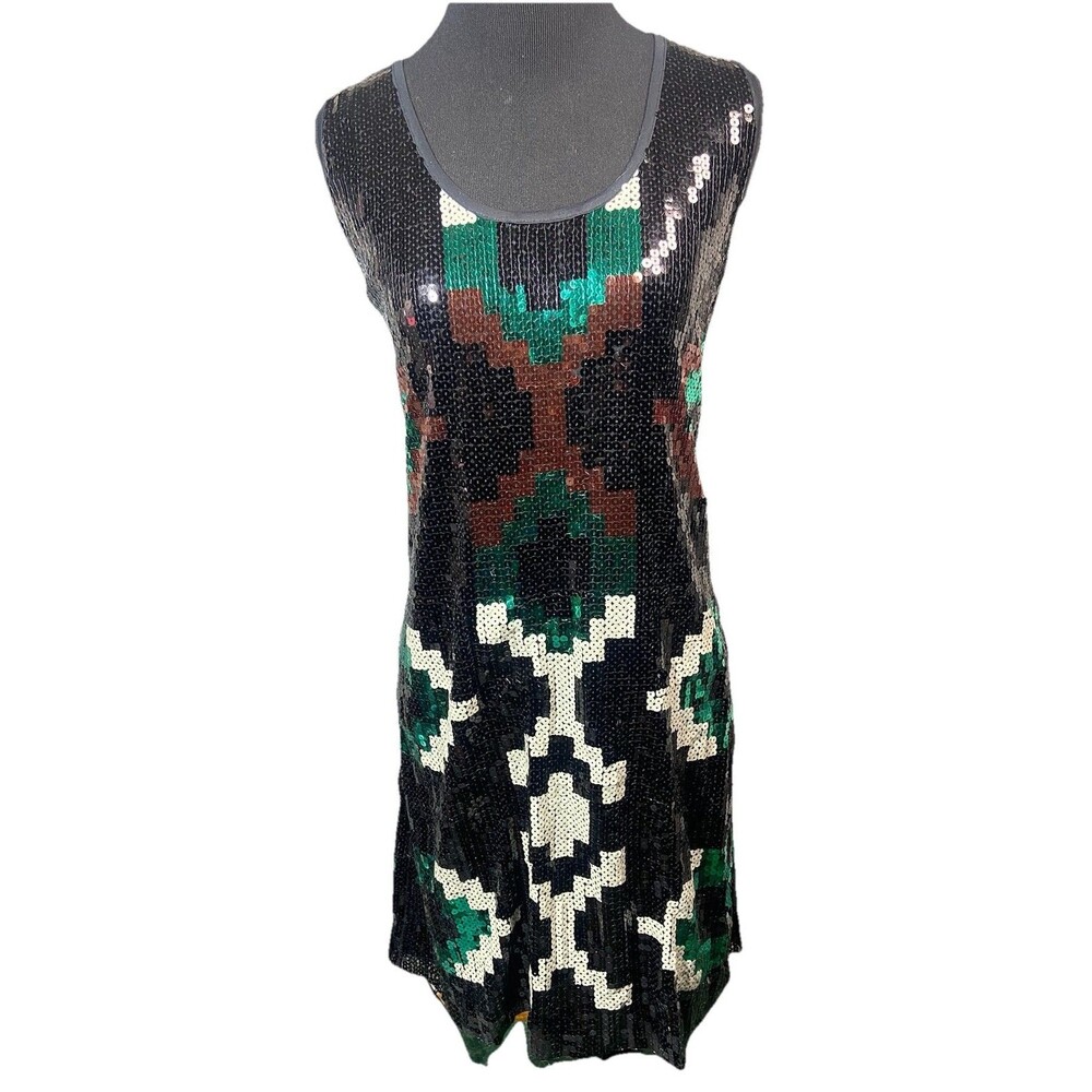 Donna Morgan Sequin Jersey Tank Dress Womens 14 Black Green Geometric Sleeveless